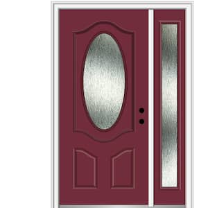 50 in. x 80 in. Left-Hand Inswing Rain Glass Burgundy Fiberglass Prehung Front Door on 4-9/16 in. Frame