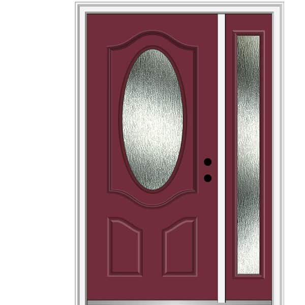 MMI DOOR 50 in. x 80 in. Left-Hand Inswing Rain Glass Burgundy Fiberglass Prehung Front Door on 4-9/16 in. Frame