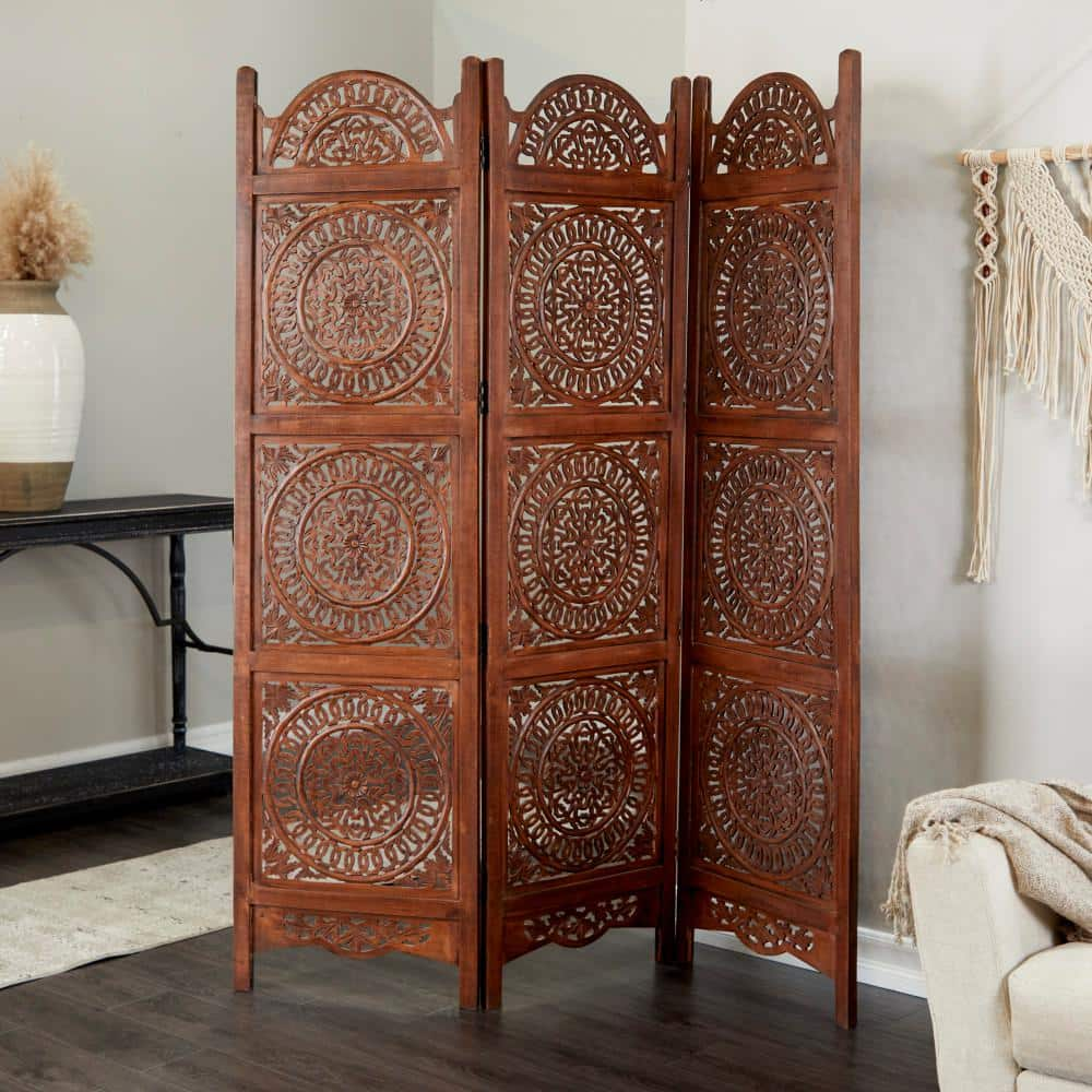 Litton Lane 6 ft. Brown 3 Panel Floral Hinged Foldable Partition Room  Divider Screen with Intricately Carved Designs 043334 - The Home Depot