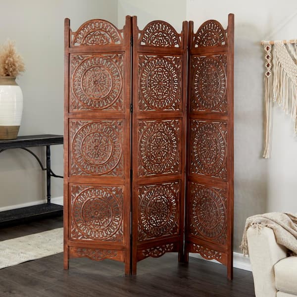 Litton Lane 6 ft. Brown 3 Panel Floral Hinged Foldable Partition Room Divider Screen with Intricately Carved Designs