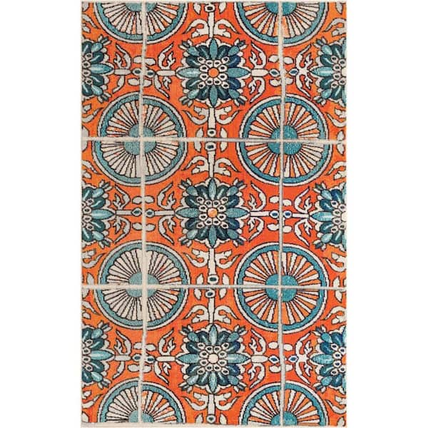 StyleWell Estrella Salma Orange/Blue 5 ft. x 8 ft. Floral Area Rug