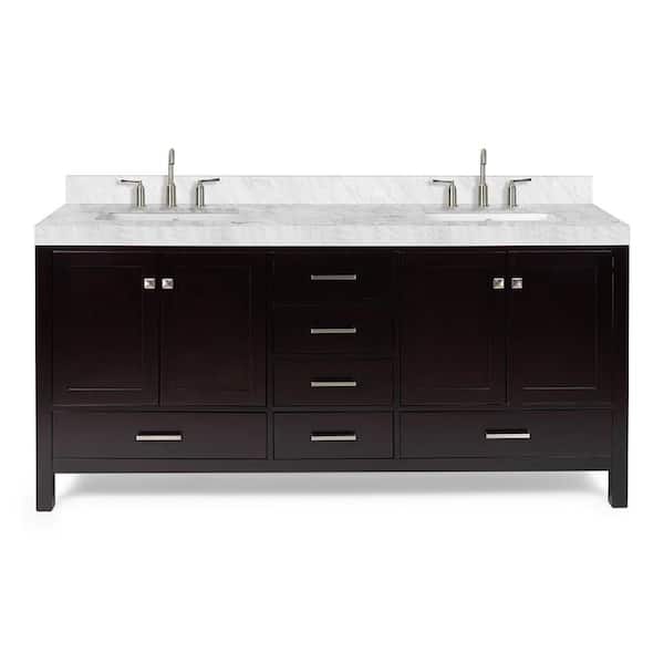 Cambridge 72 in. Double Sink Freestanding Bathroom Vanity in Espresso with Carrara White Marble Top
