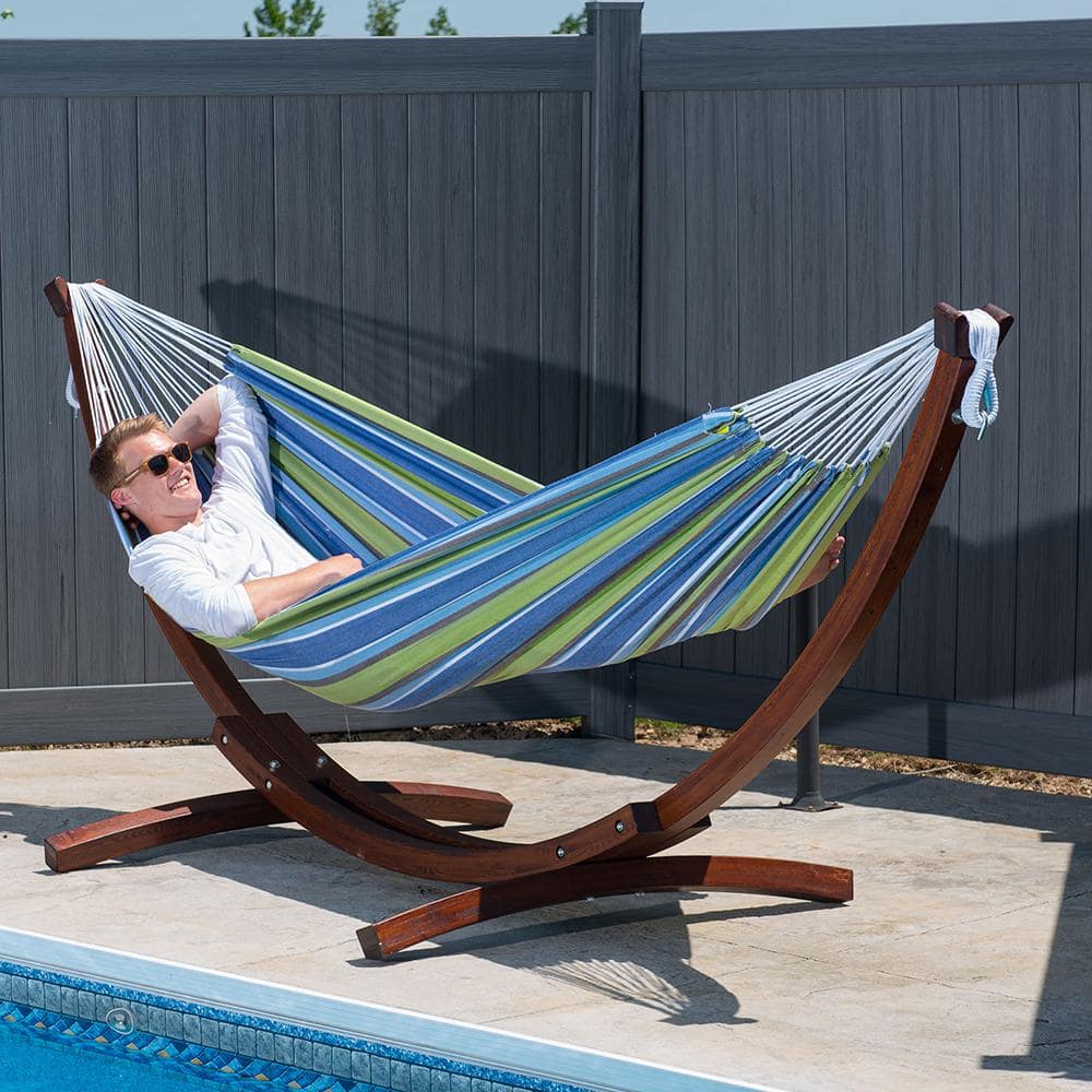 Vivere Blue and Green Striped Cotton Hammock with Pinewood Stand
