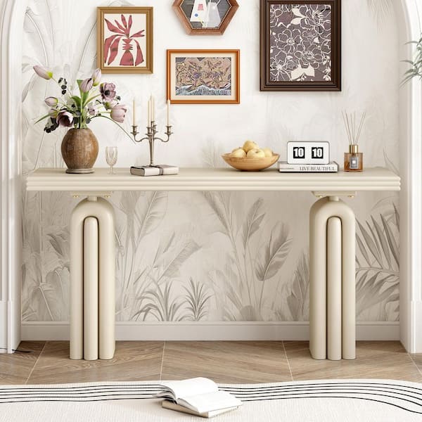 Harper & Bright Designs Chic Design 60 in. Beige Rectangle Acacia Wood Veneer and MDF Console Table with Cylindrical Legs