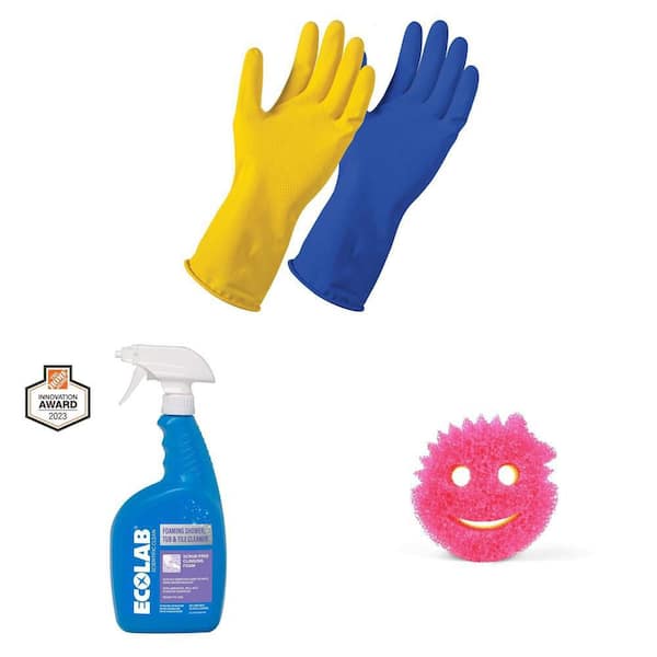 Reusable Latex Kitchen/Bath Gloves (2-Pair), 32 oz. Foaming Tub/Tile Cleaner, and Scrub Mommy Sponge