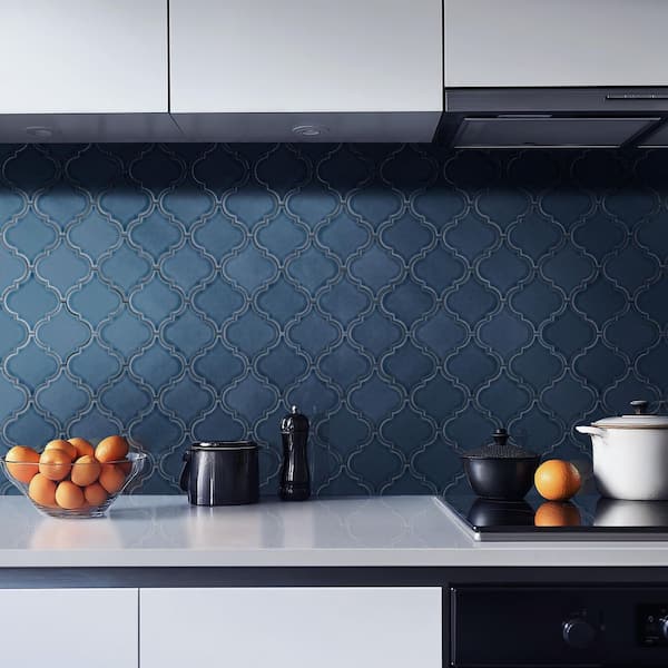 Bay Blue Glossy Arabesque 11 in. x 15 in. Glossy Ceramic Mesh-Mounted Mosaic Wall Tile (11.7 sq. ft./Case)