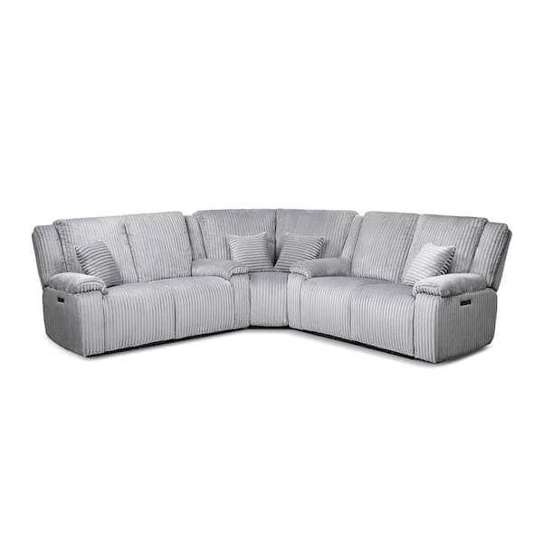 Devon 110 in. 4-Power Motion Recliner Corner Sectional Sofa with Pillow Top Arm in Corduroy Moon Gray