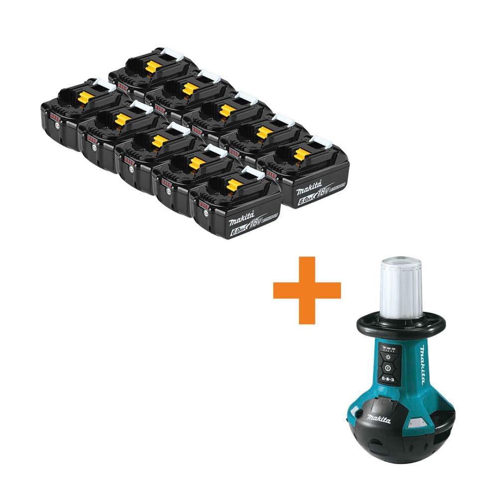 Makita 18V LXT Lithium-Ion 6.0Ah Battery, 10/pk with 18V X2 LXT Lithium-Ion Cordless Upright L.E.D. Area Light, Light Only