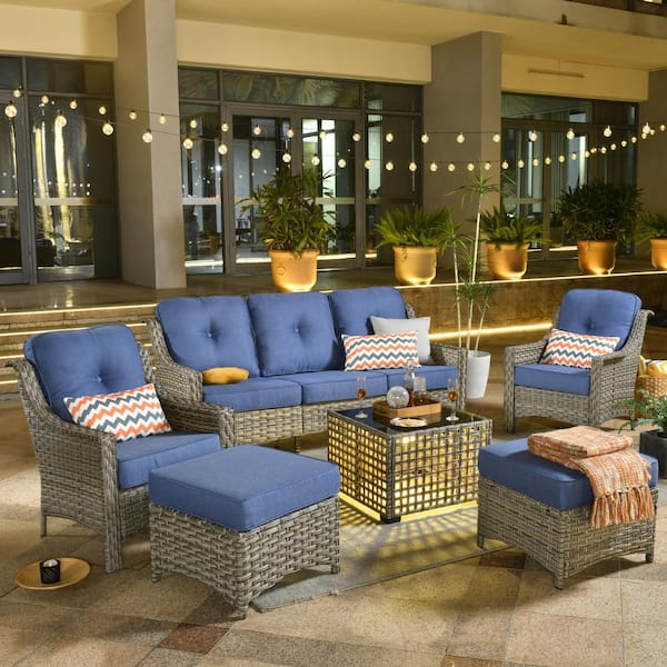 OVIOS Palffy Gray 6-Piece Wicker Patio Conversation Seating Set with Diamond Blue Cushions and Coffee Table