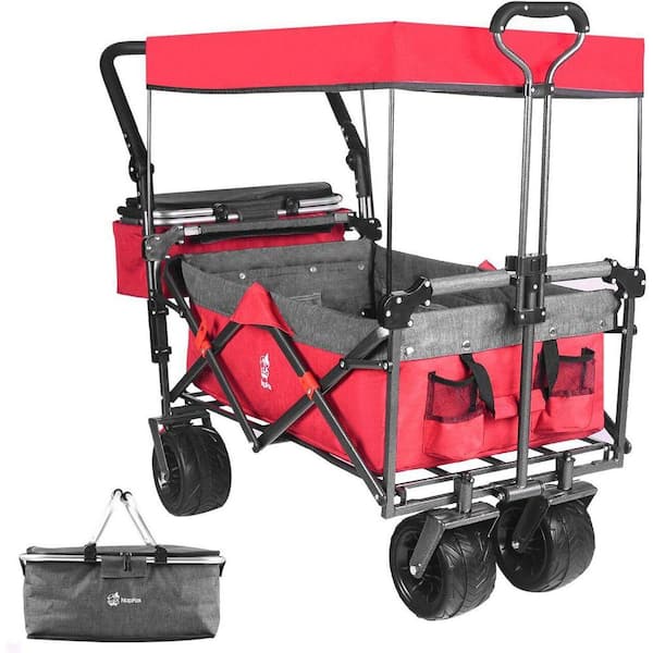 5 cu. ft. Steel Garden Cart Collapsible Wagon with Removable Canopy and Grey Inner in Red