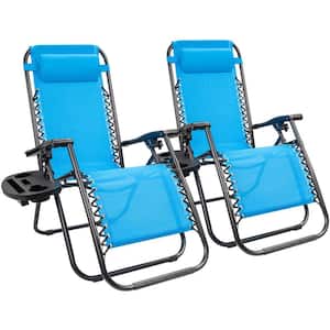 2-Piece Blue Zero Gravity Black Metal Lawn Chair Set Adjustable Folding Beach Chair with Pillows and Cup Holders