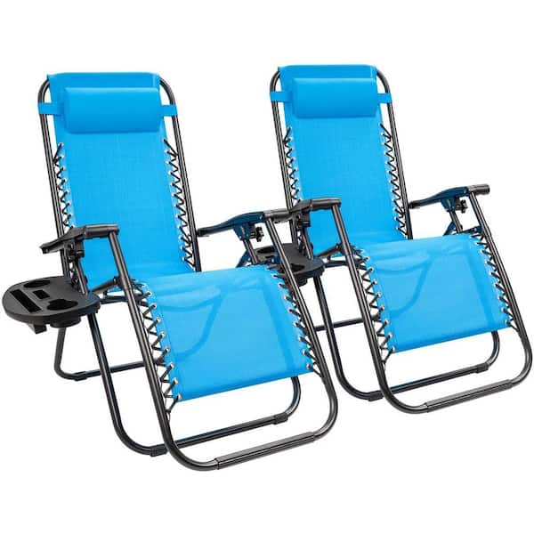 Tozey 2-Piece Blue Zero Gravity Black Metal Lawn Chair Set Adjustable Folding Beach Chair with Pillows and Cup Holders