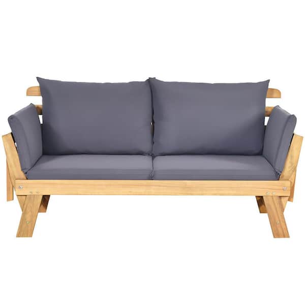 ANGELES HOME Natural Wood Adjustable Convertible Sofa Outdoor Couch with Gray Cushions