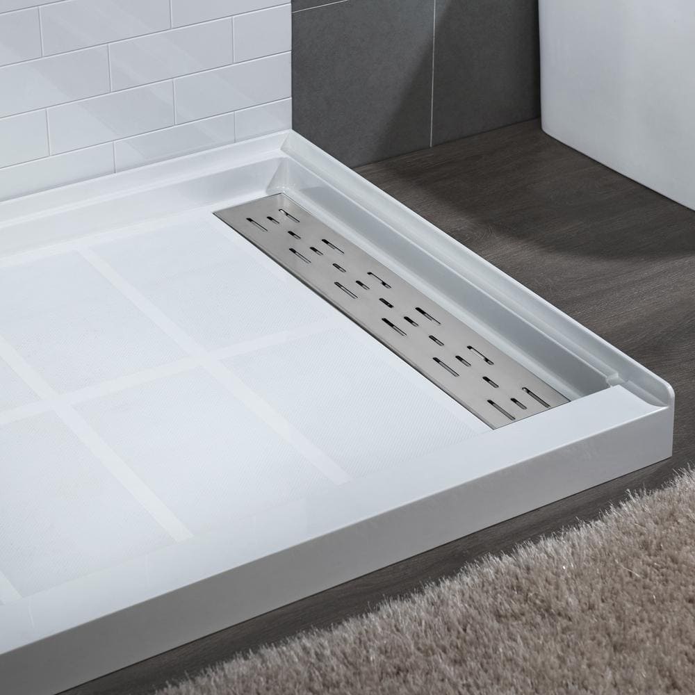 60" White Rectangular Shower Pan with Brushed Nickel Drain Cover