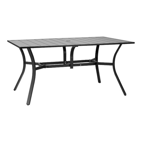 Outdoor Patio Dining Table, 59 in. Long Rectangular Metal Steel Slat, 1.5 in. Umbrella Hole, All-Weather, Large, Black