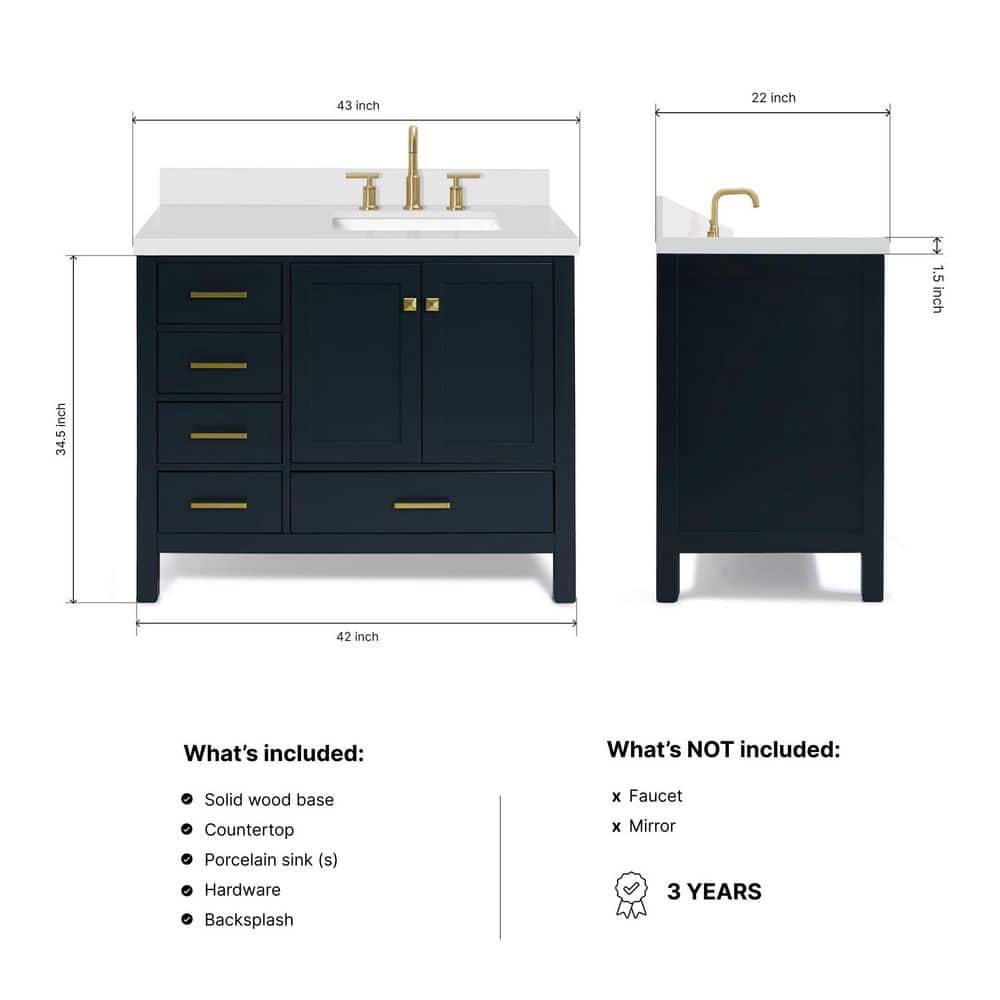 Midnight Blue 43" Freestanding Vanity with White Quartz Top