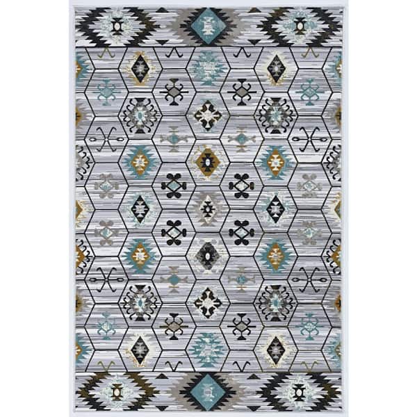 Elixir Gray 8 ft. x 10 ft. Southwestern Loomed Geometric Polyester Rectangle Indoor Area Rug