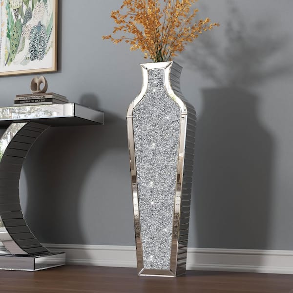 THKSHOUZ 36 in. Silver Glass Crushed Diamond Hourglass Amphora Decorative Vase