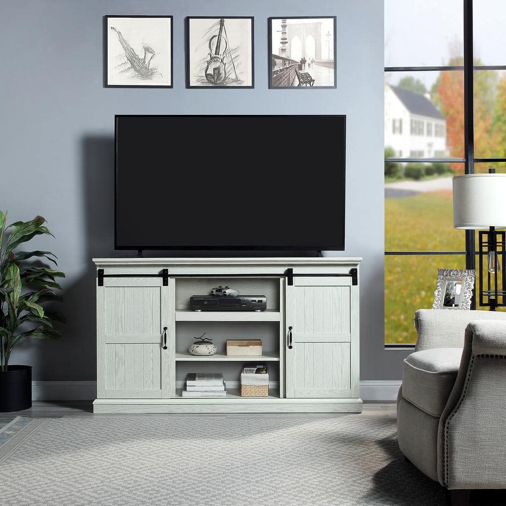 Cream Oak Sliding Barn Door TV Stand with Shelves