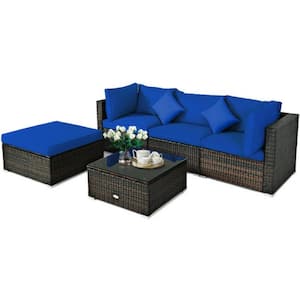5-Piece Wicker Outdoor Patio Conversation Set Rattan Sectional Furniture Set with Navy Cushions