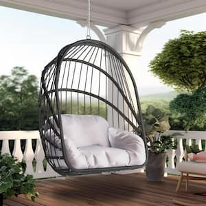 Black Wicker Outdoor Patio Swing Egg Chair Hanging Chair with Grey Cushion