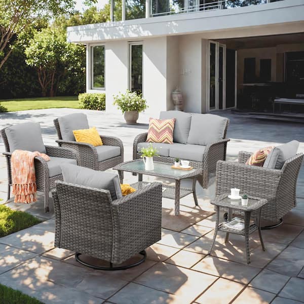 XIZZI Camellia 7-Piece Wicker Patio Conversation Seating Sofa Set with Dark Gray Cushions and Swivel Rocking Chairs