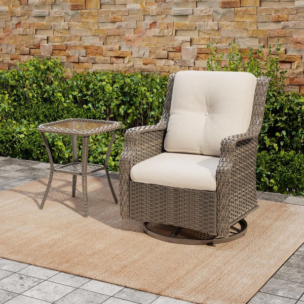 2-Piece Wicker Patio Lounge Chair and Glass Side Table Set with Swivel Rocker and Beige Cushions