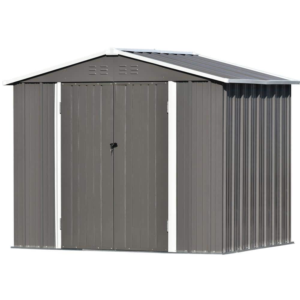 8 ft. W x 6 ft. D Gray Metal Storage Shed with Vents, Lockable Door and Fou