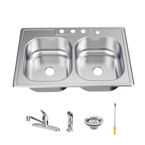33 in. Drop-In 50/50 Double Bowl 20 Gauge Stainless Steel Kitchen Sink with Faucet