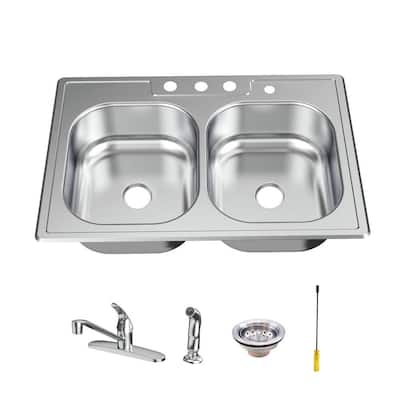 33 in. Drop-In 50/50 Double Bowl 20 Gauge Stainless Steel Kitchen Sink with Faucet