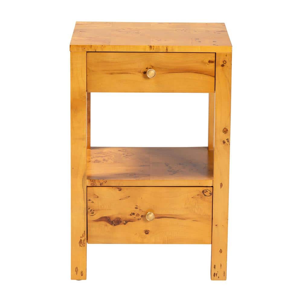 Azmi Natural Light Burl Wood 2-Drawer Nightstand with Open Shelf