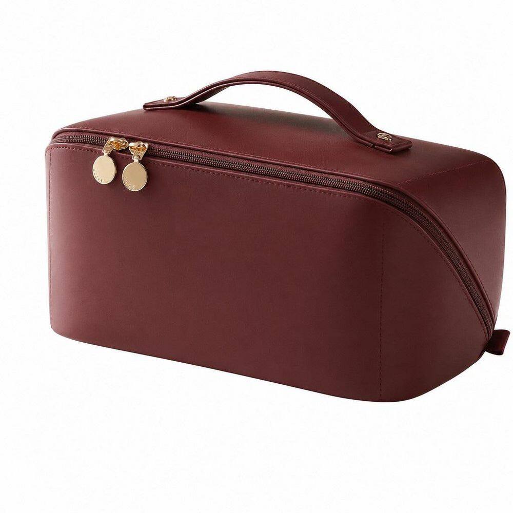 Travel Makeup Bag in AO-Red, Large Capacity Cosmetic Bag for Women, Waterproof, Flat Open Portable Toiletry Bag
