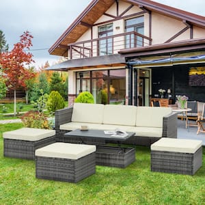 Brown 5-Pieces Wicker Patio Conversation Sofa Set with Beige Cushions Ottomans and Lift Top Coffee Table for Garden