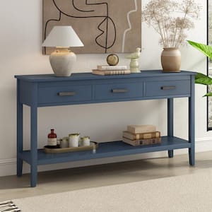 59.1 in. Blue Rectangle Wood Console Table with 3 Drawers and Bottom Shelf