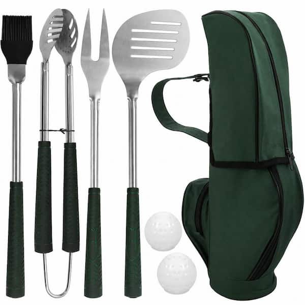 Stainless Steel BBQ Tool Set 7pcs Grilling Kit Rubber Handle Golf-Club Style Outdoor Grill Accessories Green