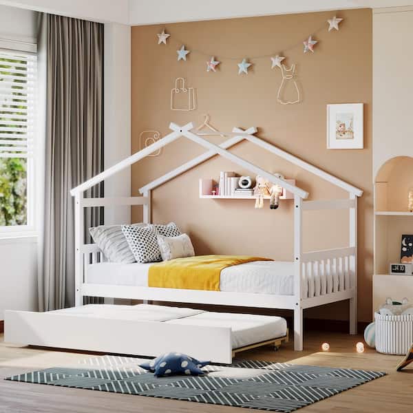 Harper & Bright Designs White Twin Size Wood House Bed Kids Bed with Twin Size Trundle