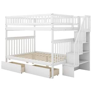 White Full Over Full Bunk Beds with 2 Drawers, Detachable Wood 2 Kids Bunk Bed Frame with Shelves and Staircases