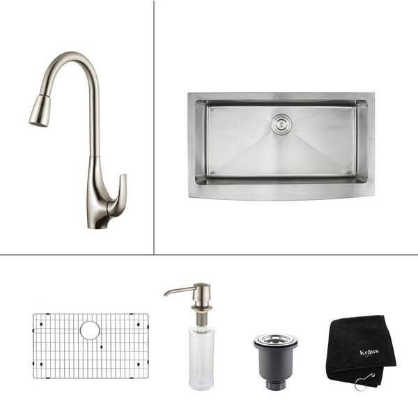 KRAUS All-in-One Farmhouse Apron Front Stainless Steel 36 in. Single Basin Kitchen Sink with Faucet in Stainless Steel