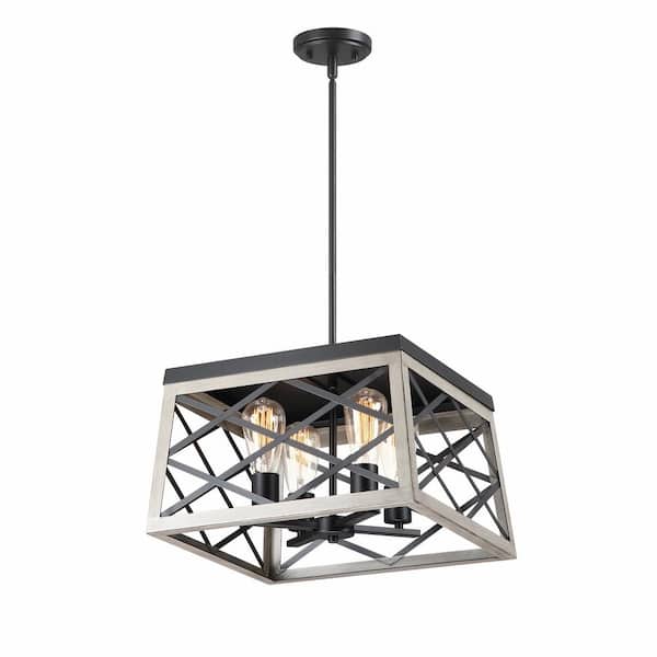 Pia Ricco 4-Light Lantern Anchor Grey Oak and Matte Black Finish Square Pendant
