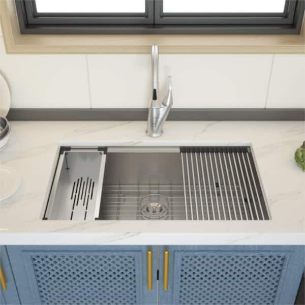 AOPSPS - Brushed Nickel 18 Gauge Stainless Steel 33 inch Single Bowl Undermount Workstation Kitchen Sink