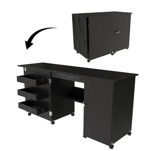 57.5" Black Foldable Craft Sewing Table,Adjustable Craft Storage Station with Locking Casters,Shelves,Bins&Cabinet