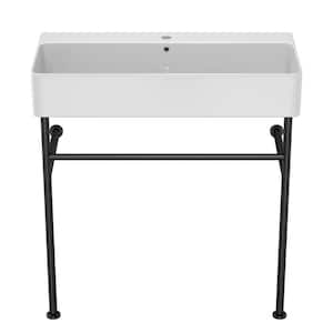 32 in. Ceramic White Single Bowl Console Sink with Basin and Black Leg