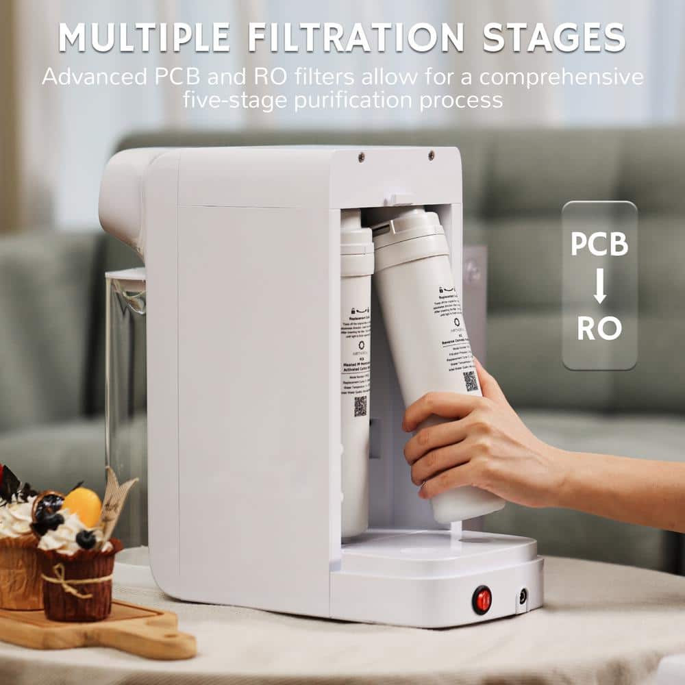Compact White Reverse Osmosis Countertop Water Filter with Glass Pitcher