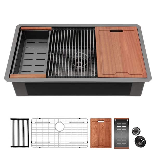 33 in. Undermount Single Bowl 16 Gauge Gunmetal Black Stainless Steel Workstation Kitchen Sink Basin with Drain