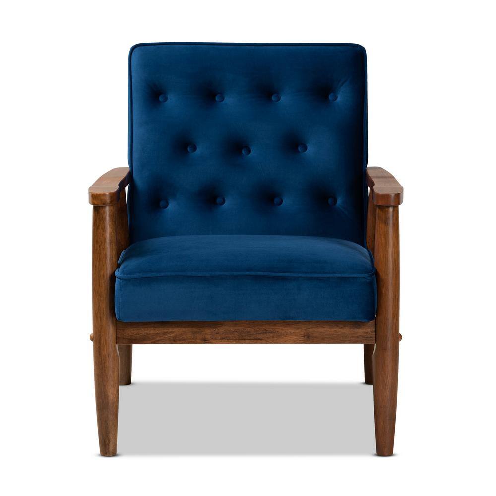 Navy Blue Velvet and Walnut Wooden Accent Chair