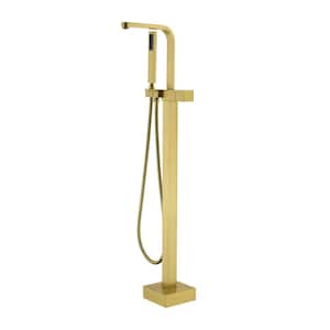 Single-Handle Freestanding Tub Faucet with Hand Shower Modern Single Hole Brass Floor Mount Tub Fillers in Brushed Gold