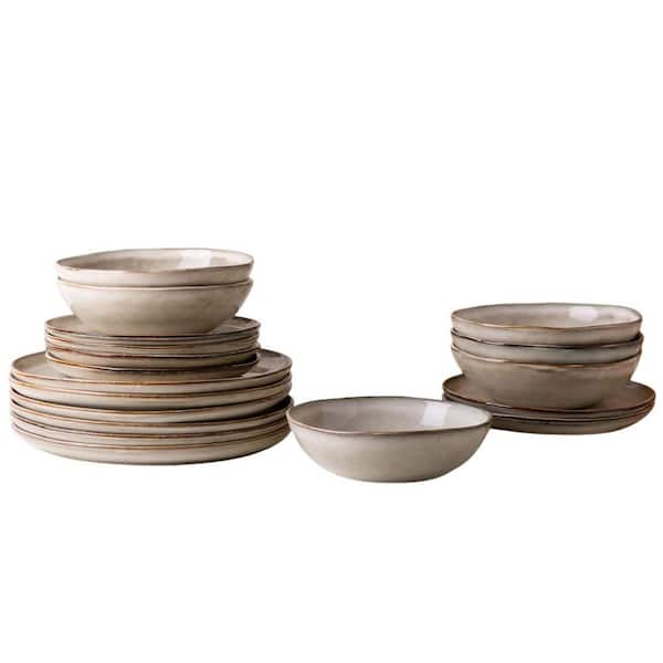 18-Piece White Cappuccino Ceramic Dinnerware Sets, Handmade Reactive Glaze Stoneware Plates and Bowls Sets Service for 6