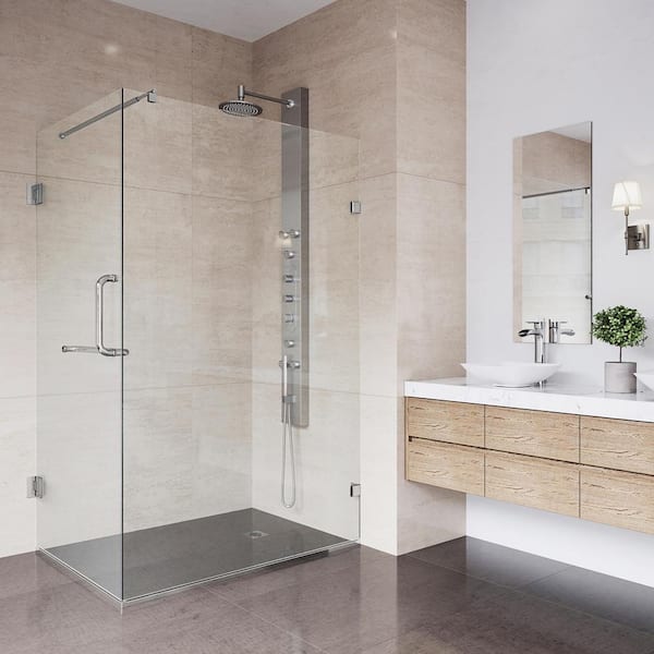 Pacifica 46 in. L x 34 in. W x 73 in. H Frameless Pivot Rectangle Shower Enclosure in Brushed Nickel with Clear Glass