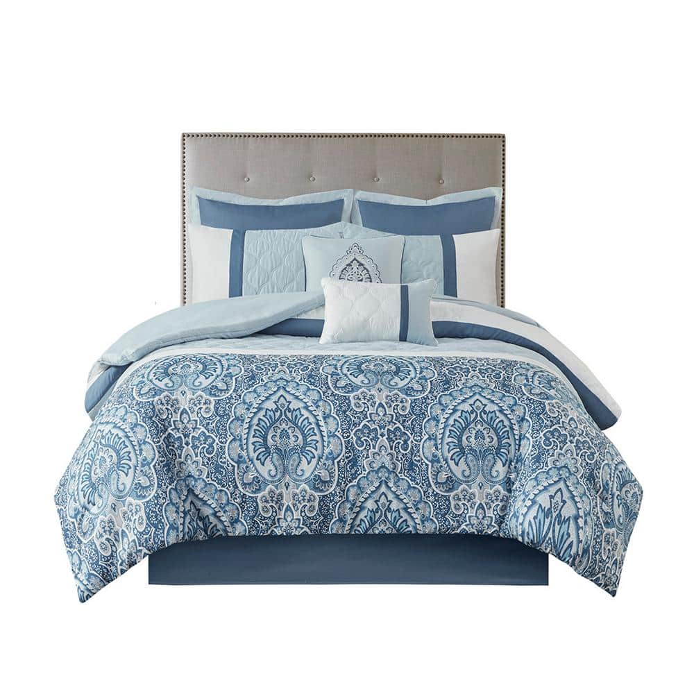 8-Piece Blue Queen Luxe Quilted Polyester Comforter Set Modern Warm Bedding