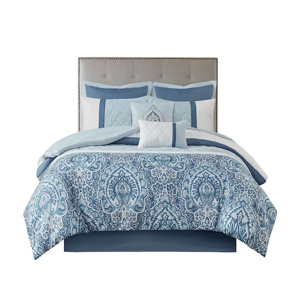 8-Piece Blue King Polyester Luxe Quilted Comforter Set Modern Warm Bedding with Shams, Bedskirt and Decorative Pillow